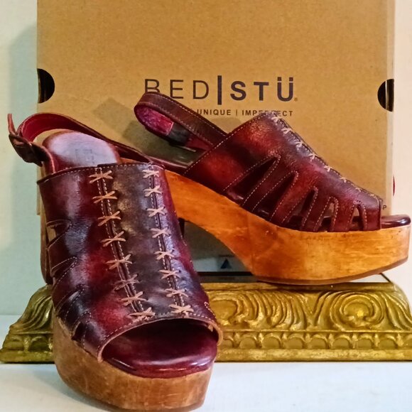 BED|STU Shoes - Bed Stu Fontella Merlot Driftwood Platform Leather Sandals Excellent Size 9